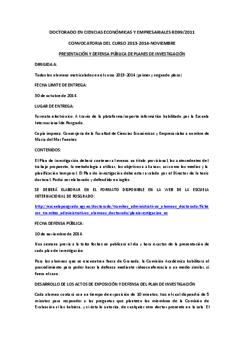 Programa De Doctorado En Ciencias Economicas Y Empresariales Convocatoria De Presentacion Y Defensa De Planes De Investigacion Segunda Convocatoria Noviembre University Of Granada